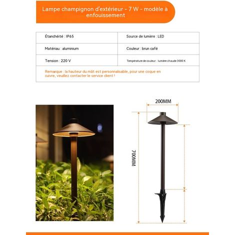 Lampe de jardin champignon solaire extérieure 7W marron, modèle piquet étanche anti-pluie