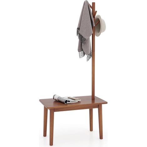 COSTWAY 3 en 1 Perchero de Pie y Mesa Auxiliar, Perchero de Madera Maciza con 4 Ganchos para Sombreros, Bolsos y Abrigos, Perchero Con Banco para Zapatos para Entrada Dormitorio Habitacion (Marrón)