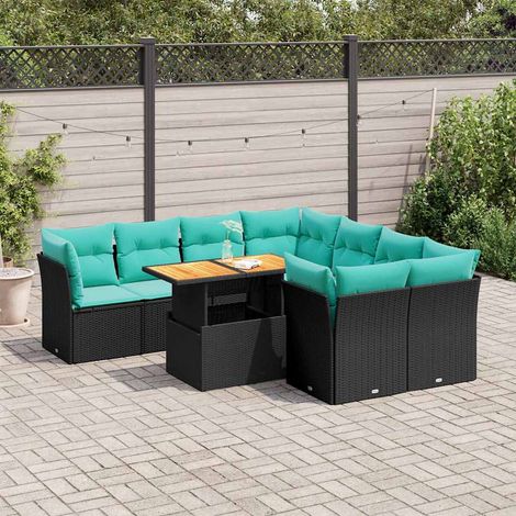 Salon de jardin 9 pièces avec rangement, table réglable et coussins, résine tressée noir et bleu - PANGIVO (1/5)