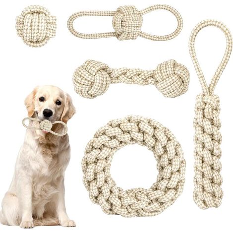 Set of 5 braided rope chew toys for dogs, made of cotton and hemp, interactive chew toys for puppies, small and medium-sized dogs. (1/5)