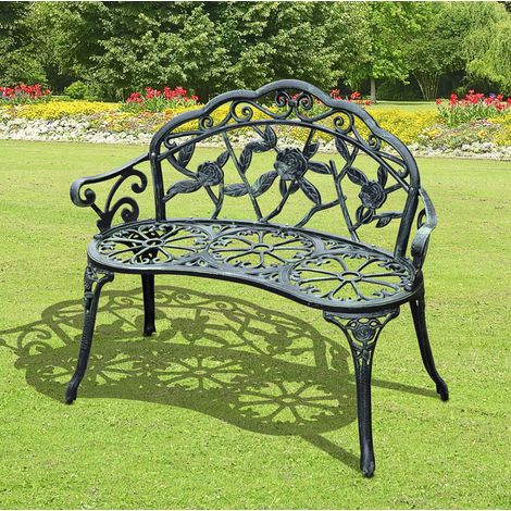 Gartenbank aus Gussaluminium und Gusseisen, Antik-Grün, 100x54x78 cm, 2-Sitzer mit floralem Muster (1/5)