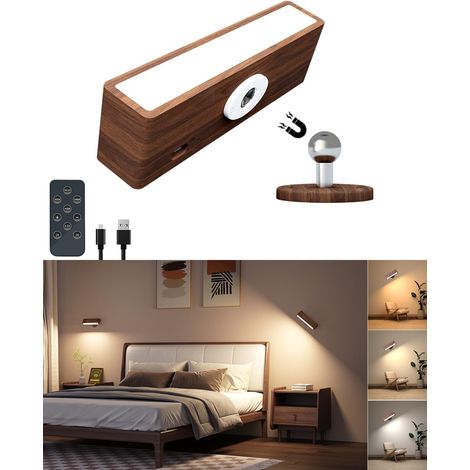 Lampe de Chevet avec Telecommande,Bois Applique Murale sans fil,Lampe Rechargeable Interieur usb,Lampe led Chevet Chambre Tactile,Lumiere Murale sans fil,Aeilleuse Murale, Noyer Noir