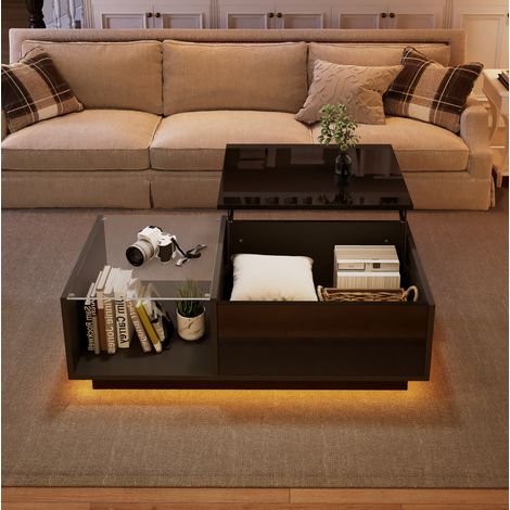 Table basse 100x50x33 cm noire, plateau relevable, LED, rangement, panneaux de bois MEUBLIV (1/5)