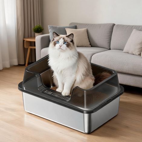 Bac à litière chat XL inox – Bords hauts – Anti-odeur – Facile à nettoyer – Avec couvercle & pelle – Pour grands chats Maine Coon et chiens – Blanc, 50×35×27 cm