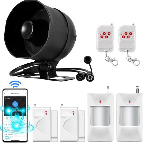 WIFI Alarme Maison sans Fil, Sirène Alarme Exterieure 115 DB, Capteur D'Alarme De Porte, Alarme Detecteur De Mouvement Et Télécommande(Noir) (1/5)