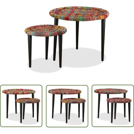 The Living Store Table basse 2 pcs Détails tissés chindi Multicolore - Tables Basses - Meubles De Salon - Tables Gigognes - Décoration Intérieure - Style Exotique (1/5)