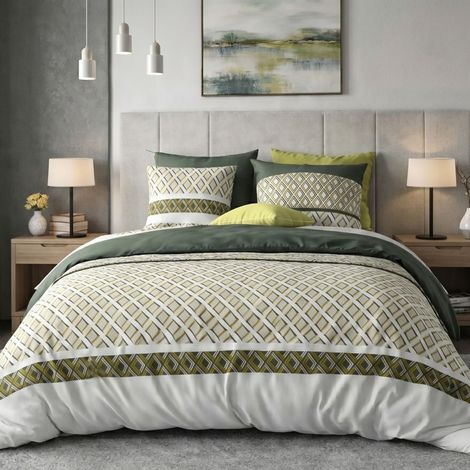 Parure housse de couette 240x220cm + 2 taies motif géométrique vert 100% coton - AYANA (1/4)