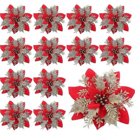 12 poinsettias artificiels de 14 cm en forme d'étoile de Noël (1/5)