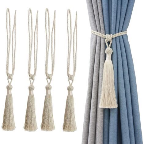 Embrasses de rideaux faites à la main en corde avec pompons pour la décoration de la maison ou du bureau (beige, 4)