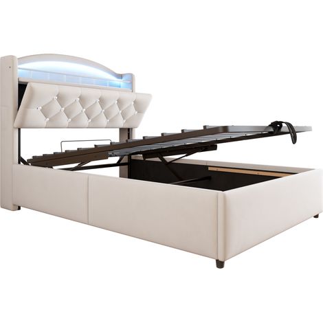 Cama infantil tapizada 90 x 200 cm de terciopelo beige con almacenaje, LED y USB HOMVRA (1/5)