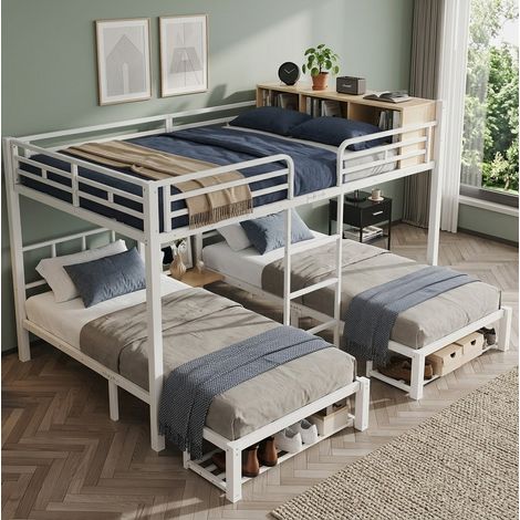 Letto a castello a 3 posti in metallo bianco, 140x200 cm sopra e due letti 90x200 cm sotto, con scaffale aperto, portascarpe e scala per cameretta  FLORAGRACE (1/5)
