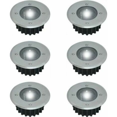 Set mit 6 in den Boden eingelassenen Solar-LED-Strahlern – Rund – Durchmesser: 85 mm – Außenseite beständig gegen den Sockel – Vorderseite aus Edelstahl – 6 Solarlampen