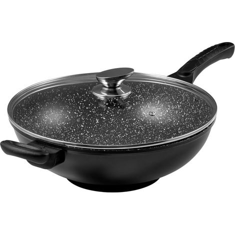Wok Ø32 cm avec Couvercle Verre - Fonte d’Aluminium - Revêtement Antiadhésif façon Pierre - Manche Amovible et Grille Demi-Lune - Tous Feux, Four, Lave-Vaisselle (1/5)