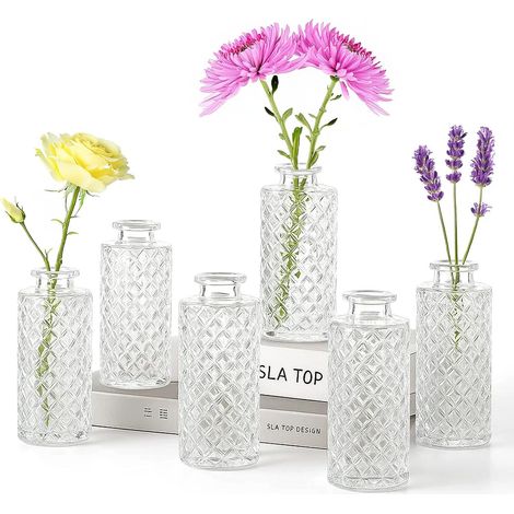 Trintion Glasvase 6er-Set (13 cm) Kleine Vintage Vasen mit Diamantschliff, Mini-Tischvase & Teelichthalter, Deko-Gläser für Hochzeitsdeko, Tischdeko, Fensterbank & Home Decor (6, Transparent) (1/5)