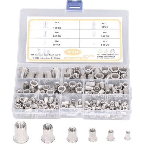 170 Pièces Acier Inoxydable Rivet Écrou Outil Plat Tête Filetée Rivet Nutsert Cap Assortiment kit M3 M4 M5 M6 M8 M10 Types Nuts (1/4)