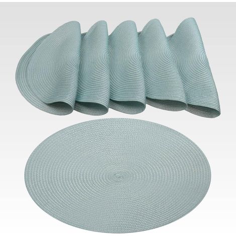 Set mit 6 runden, geflochtenen PP-Tischsets, Ø 38 cm, pastellblau, waschbar, rollbar, rutschfest, elegant für den Innen- und Außenbereich