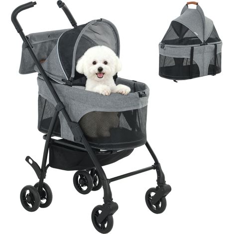 Poussette canine 3-en-1 grise avec nacelle amovible, pliable et sans zip, suspension intégrée pour chien