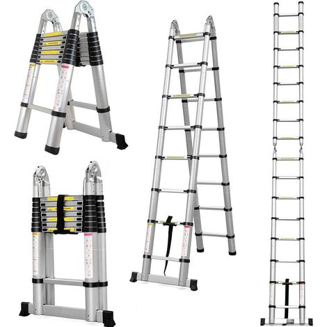 Échelle Telescopique 3,8m, Polyvalent Aluminium Échelle Télescopiques Portable Pliable Échelles Multi-Fonction Escamotable 12 Echelons Echelle Pliable Extensible Pliante Escabeau (1,9m+1,9m) Argent