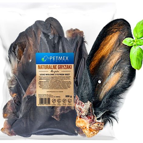 Delikatesse, natürlicher Kausnack für Hunde: Ohren vom Rind mit Fell, Petmex 10 Stück.