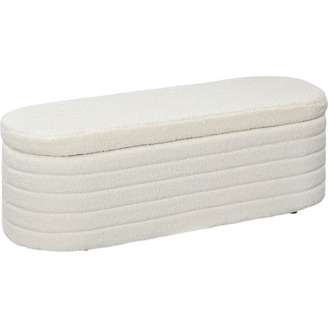 Stauraumbank fürs Schlafzimmer mit Holzbeinen und cremeweißem Teddybezug, 116 x 41 x 40,5 cm (1/5)