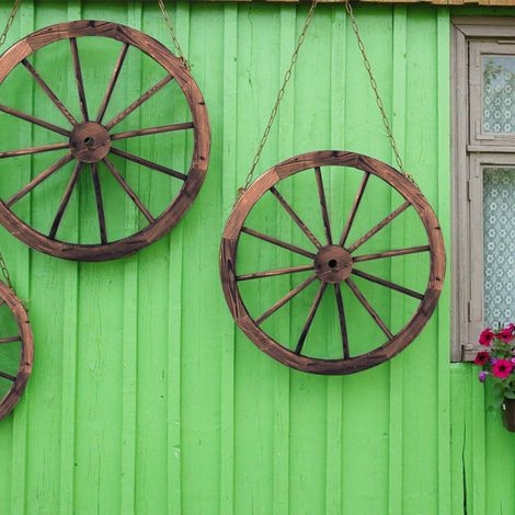COSTWAY 2er Set Wagenrad Braun, Holzrad mit Eisenblech, Holz Wagen Dekorad, Dekoratives Wagon Rad, 76x76x3,5 cm (1/5)