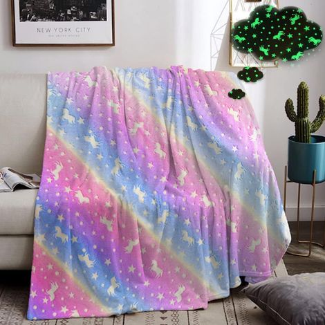 BRAVIX Couverture Lumineuse Plaid Enfant Fille, Couverture Enfant Licorne Phosphorescent, Couverture Chaude Flanelle avec Étoiles et Motifs de Poney pour Garçons, Filles (Licorne A, 150x200cm)