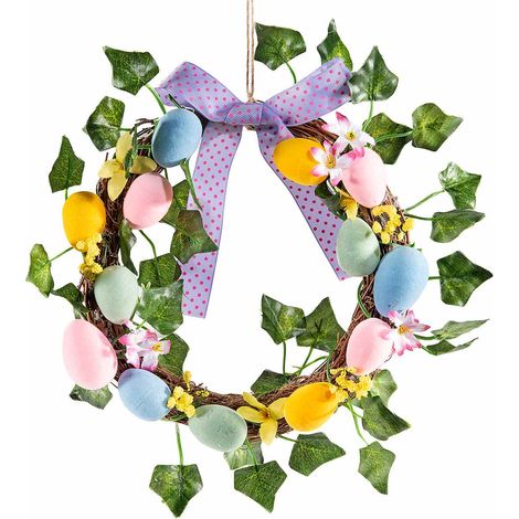 Couronnes de Pâques à suspendre avec œufs colorés, fleurs, lierre et nœud, lot de 6, diam. 26 cm