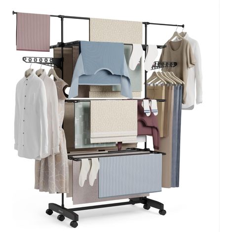 Sechoir à Linge avec 5 Étages Doubles. Etendoir Linge Interieur Pliable avec Roues et Support pour Cintres et Vêtements Longs. 18-21 Mètres D'Étendage, Noir (1/5)