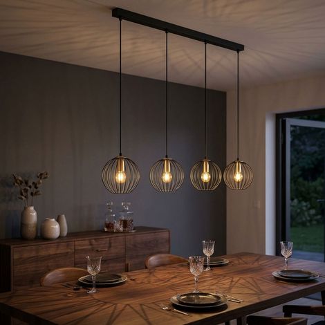 Lampe suspendue, lampe suspendue noire, table à manger, suspension, lampe suspendue, laiton, abat-jour cage, métal, douilles 4x E27, LxlxH 100x16x150 cm (1/5)