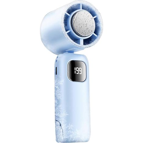 Ventilateur portable avec fonction glaçons, vitesse 1-199, batterie rechargeable 1800 mAh, pour une utilisation intérieure et extérieure (bleu). (1/5)