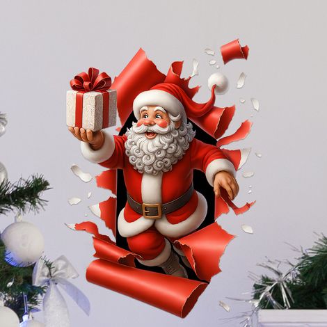 Adesivo murale 3D con effetto "sfondamento muro", Babbo Natale con design che crea un effetto "sfondamento muro", autoadesivo, decorazione per la casa (3040 cm) (1/2)