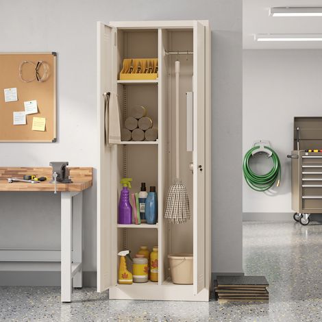 Armoire à balais, armoire multifonctionnelle en acier, armoire de rangement avec compartiment pour aspirateur et étagères réglables, 60 x 40 x 165 cm (1/5)