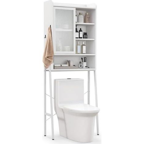 COSTWAY Armario de Almacenamiento sobre el Inodoro WC, Mueble sobre Inodoro con 6 Compartimentos, Armario para Lavadora 2 Puertas con Estantes Ajustables 63 x 29 x 170 cm (Blanco)
