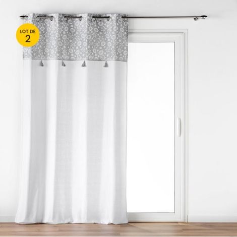 Lot de 2 rideaux a oeillets 140 x 240 cm poly-coton + pompons Flavie Gris (1/5)