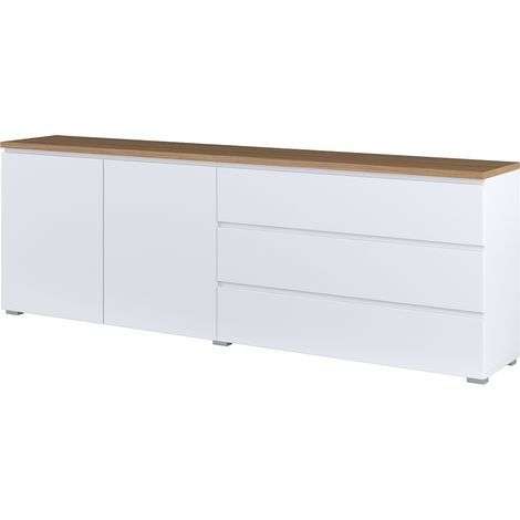 Liko Blanco y Madera Aparador largo de 2 puertas y 3 cajones
