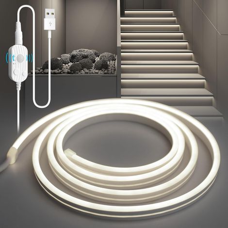 Ruban LED avec Détecteur de Mouvement, Ruban LEDs 220V USB Bande LED Exterieur Gradation Continue Flexible PVC Bandeau LEDs Découpable avec Minuterie pour Escalier, Chambre, Blanc Froid 5M (1/5)