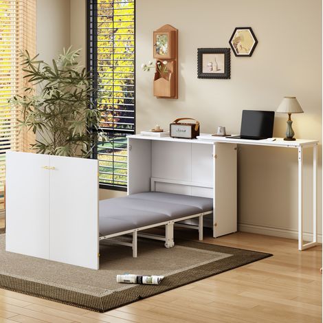 Letto a scomparsa in metallo bianco/legno e legno, 90x200 cm, con scrivania girevole, materasso incluso e rotelle. (1/5)