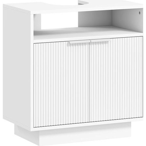 Meuble sous-évier avec 2 portes rainurées et compartiment ouvert pour évier sans colonne, 60 x 33 x 63 cm, blanc