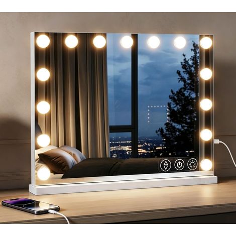 Miroir de maquillage avec éclairage, 58 x 45 cm, avec 15 lampes, lumière trois couleurs, luminosité réglable, miroir de maquillage, interrupteur tactile intelligent (1/5)