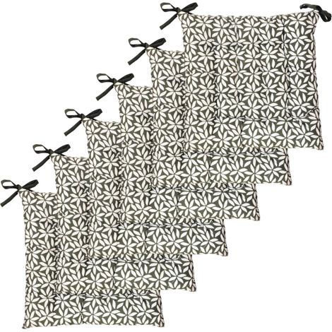 Lot de 6 Galettes de Chaise carrées Bicolores 40x40cm, Kaki imprimé/uni (1/5)