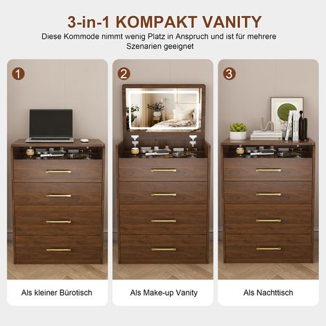 Ensemble coiffeuse 3-en-1 avec miroir, petit bureau de maquillage compact à plateau vitré transparent, table de toilette à 3 tiroirs pour chambre, dimensions : 60 x 118 x 40 cm.