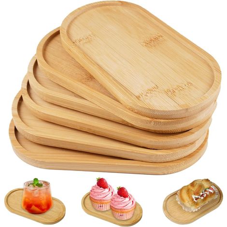 Juego de 6 bandejas pequeñas de madera para servir (17,5 x 8,8 x 1 cm), ovaladas de bambú, para comida, joyas, macetas, café y galletas.