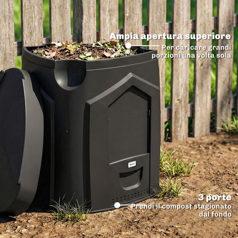 Composteur rotatif triangulaire 240L jardin, aération 66 trous, 3 ouvertures, PP noir, 78x75x78 cm
