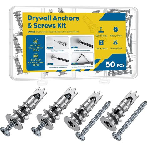 50 Chevilles Autoforeuses Plaques de Plâtre Chevilles Murales Résistance Kit Chevilles Métalliques vis Plaques Plâtre Chevilles Alliage Zinc Vis 6 x 33 mm Kit Accrocher des Cadres (1/5)