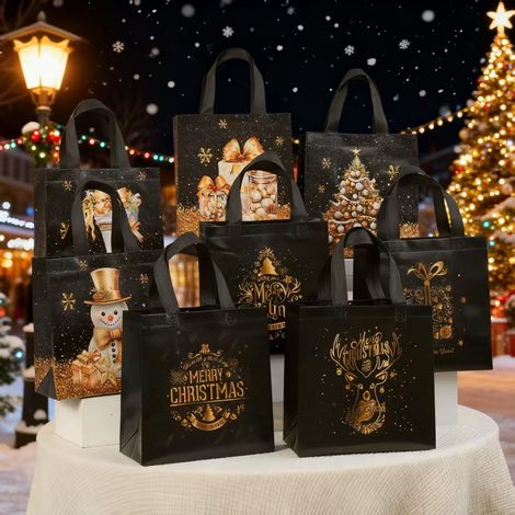 Sacs cadeaux de Noël 232211 cm avec cordon de serrage, lot de 8, 8 modèles, sacs pour emballer des friandises de Noël, sacs cadeaux pour les fêtes de Noël, sacs à bonbons avec nœuds (1/5)
