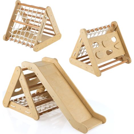 4 en 1 Triangle d'escalade Enfant avec Toboggan, Echelle d'escalade en Bois avec Filet, Inclinaison Réglable, Charge 50kg pour Enfant 1 An+, Marron (1/5)
