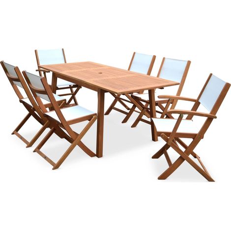 sweeek - Ausziehbarer Gartentisch aus Holz , 6 Stühle Holzfarben / Weiß (1/5)