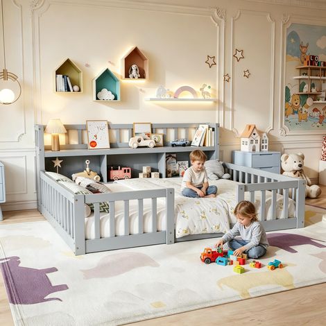 FOERPL-Montessori-Bett 140x200 cm mit Stauraum und Bücherregal, Kinder-Bodenbett 140x200 cm mit Sicherheitsgitter und Lattenrost, Kinderbettgestell aus verstärktem Kiefernholz
