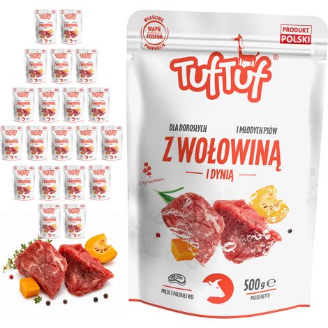 Comida húmeda para perros TufTuf sabor ternera y calabaza, sobres de 20 x 500 g, carne en conserva. (1/3)