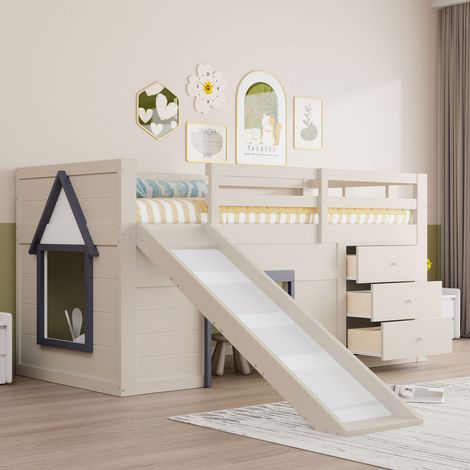 Hochbett aus Kiefernholz, MDF und Sperrholz in Creme, 90x200 cm, mit Rutsche, 3 Schubladen und Lattenrost